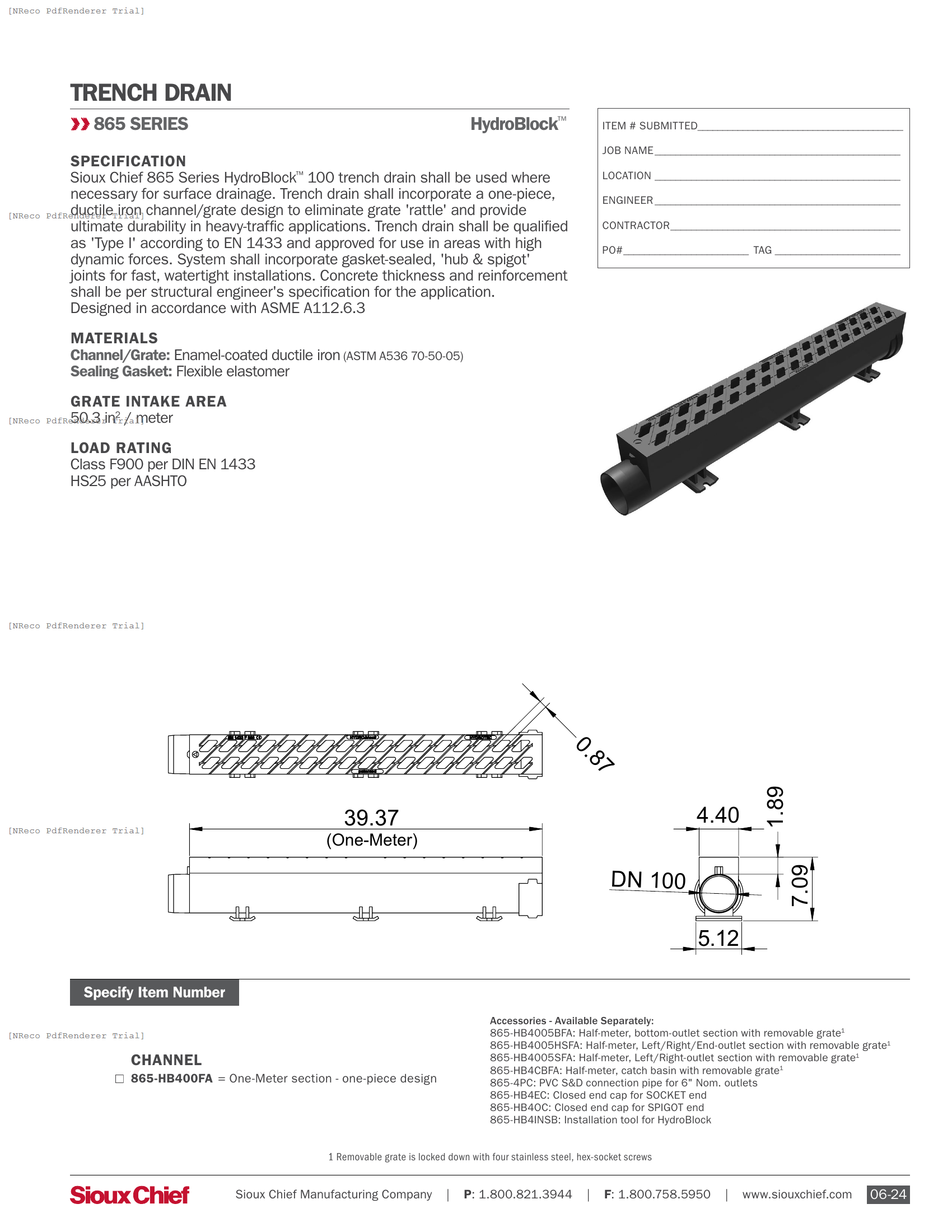 865 SERIES - HYDROBLOCK 100 F900 - SPEC SHEET.PDF Specification Document